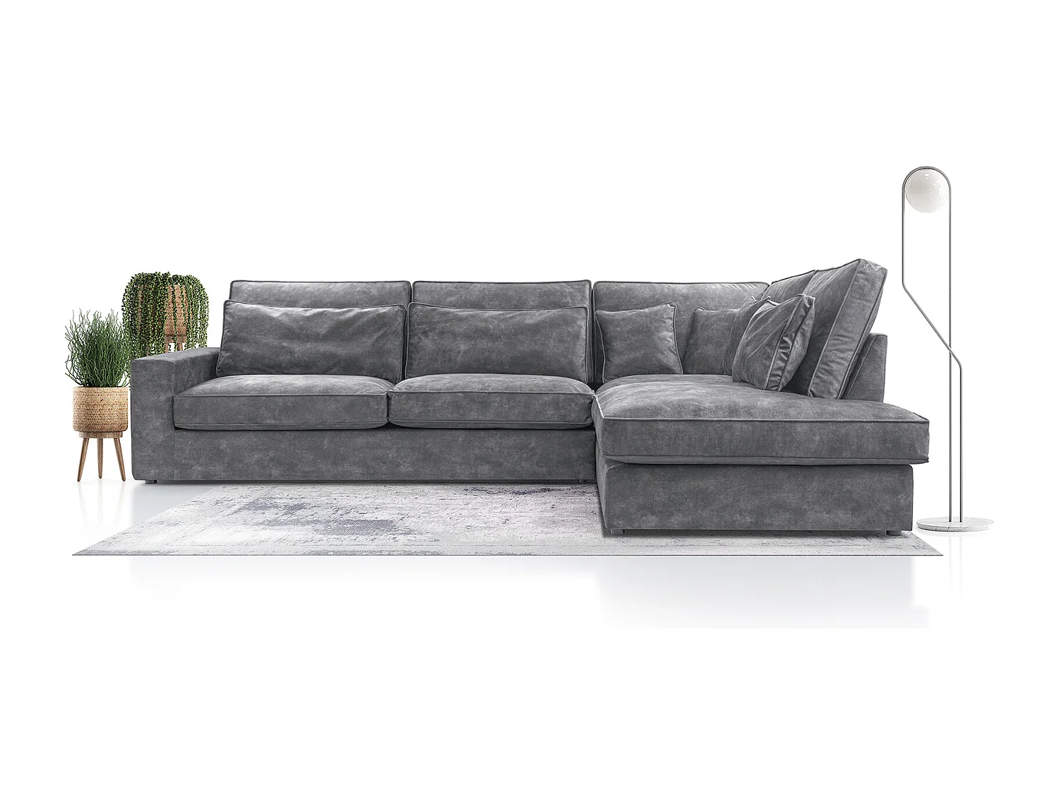 Divano angolare moderno con cuscini, contenitore, Wave Spring schienale, indipendente, 89x314x224cm, Lato destro, Grigio