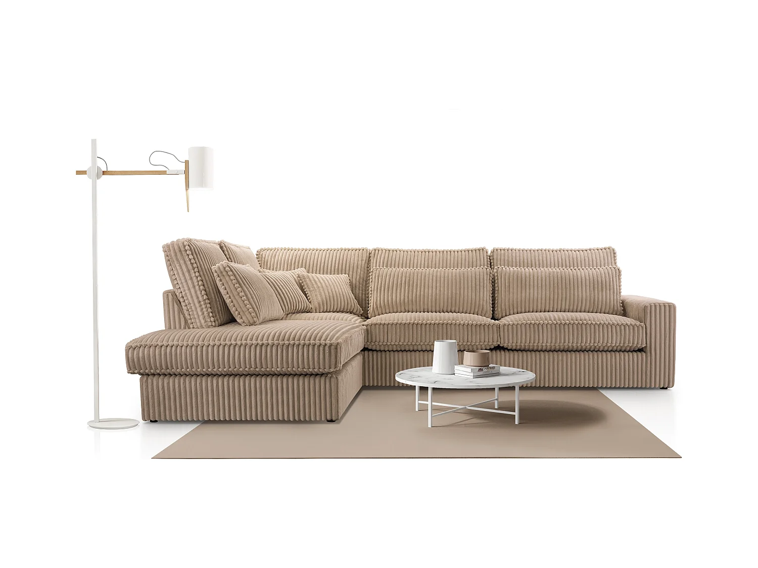 Hochwertiges Ecksofa - Modernes Sofa mit Kissen, gepolsterte Rückenlehne, bequem und stilvoll, Design Links 89x314x224 cm, Cappuccino