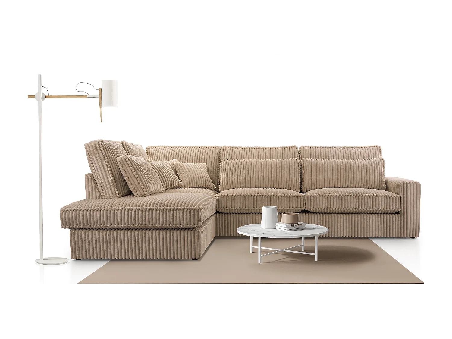 Hochwertiges Ecksofa - Modernes Sofa mit Kissen, gepolsterte Rückenlehne, bequem und stilvoll, Design Links 89x314x224 cm, Cappuccino