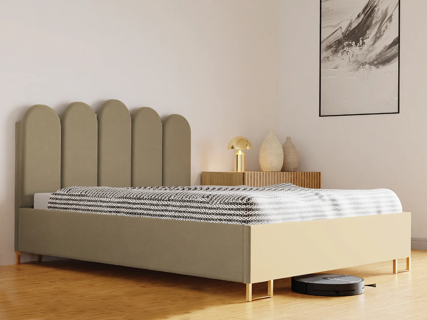 Cama estofada MALIBU, cabeceira acolchoada, tecido KRONOS premium, baú com pistão a gás, altura confortável 39 cm, 200x200 cm, Bege