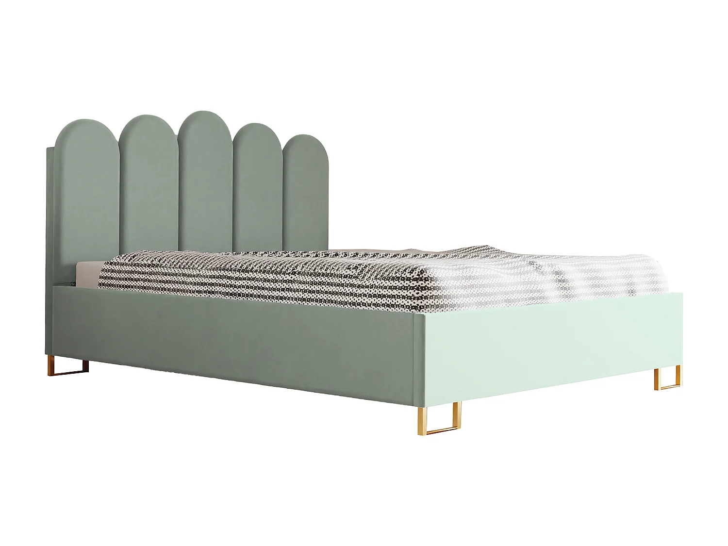 Cama estofada MALIBU, cabeceira acolchoada, tecido VELUTTO premium, baú com pistão a gás, altura confortável 39 cm, 180x200 cm, Verde claro