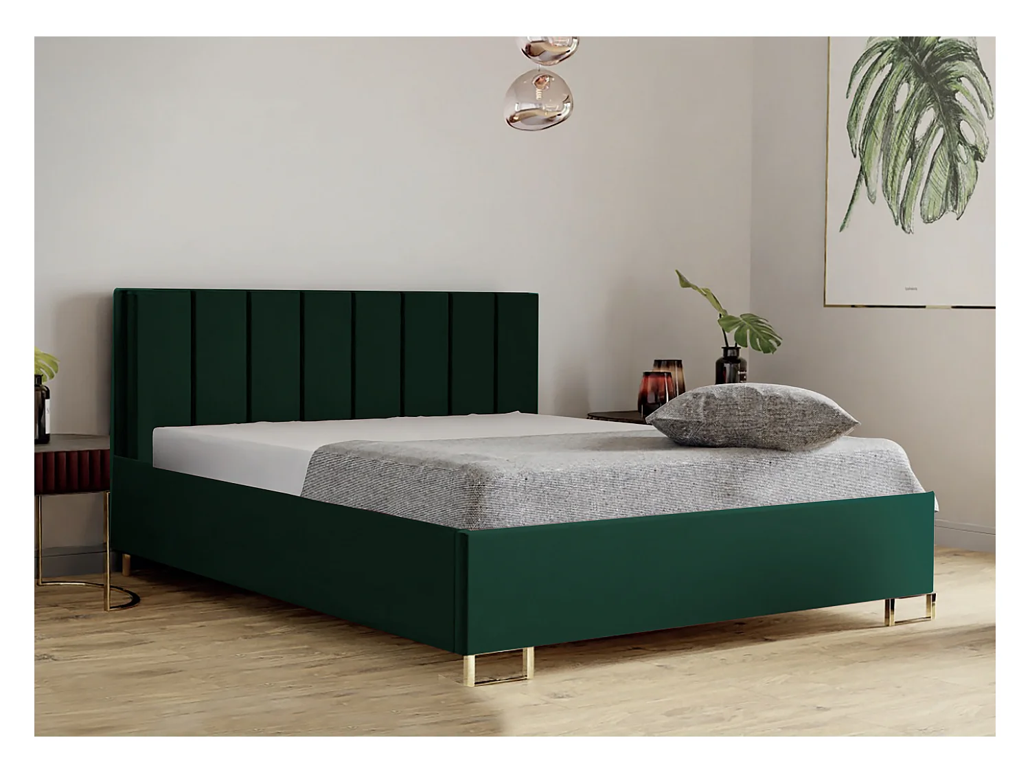 Lit MALIBU, tête de lit rembourrée, revêtement MONOLITH haut de gamme, coffre avec vérins à gaz, hauteur confort 39 cm, 140x200 cm, vert