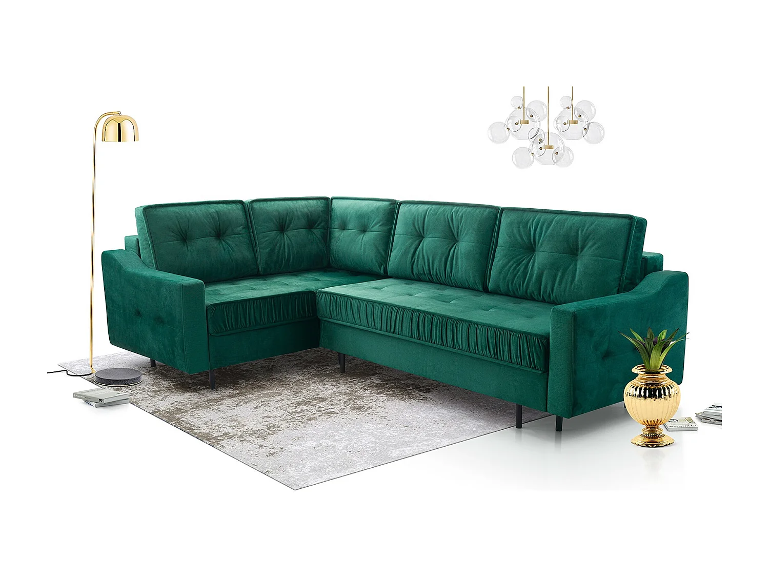 Narożnik AKITA z funkcją spania i pojemnikiem – nowoczesna sofa 289x185x105 cm, prawy, zielony