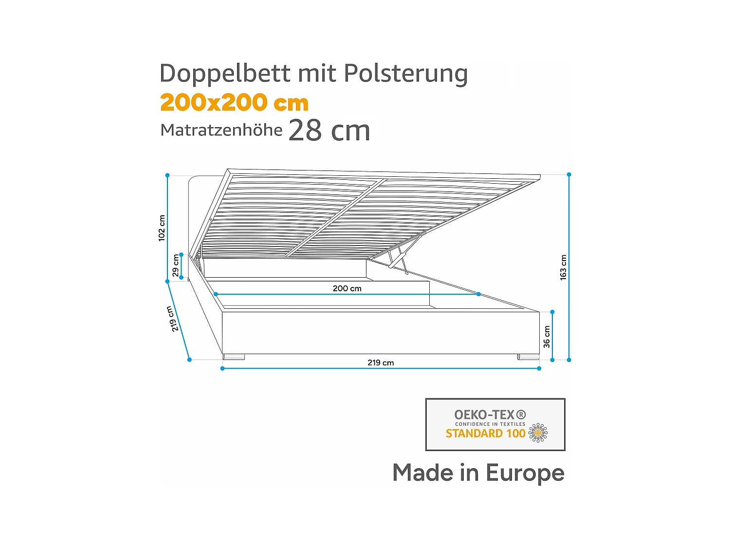 Polsterbett MALIBU 200x200 Hellbraun, MONOLITH-Stoff, gepolstertes Kopfteil, Bettkasten mit Gasdruckfeder, 39 cm hoch, Hellbraun