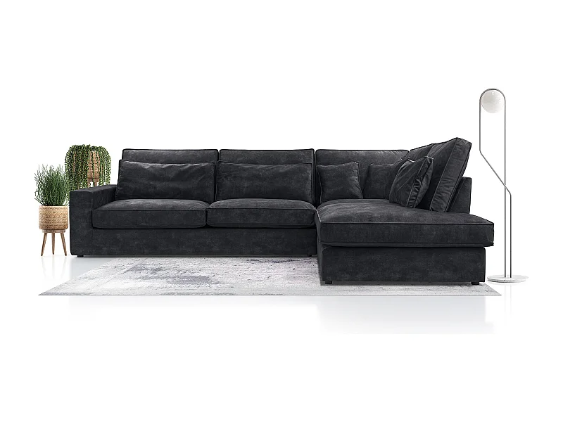 Modernes Ecksofa mit Kissen, Beste Ecke! Wohnbereich mit Bettkasten, Wave Spring Rücken, Freistehend, 89x314x224cm, Rechte Seite, Schwarz