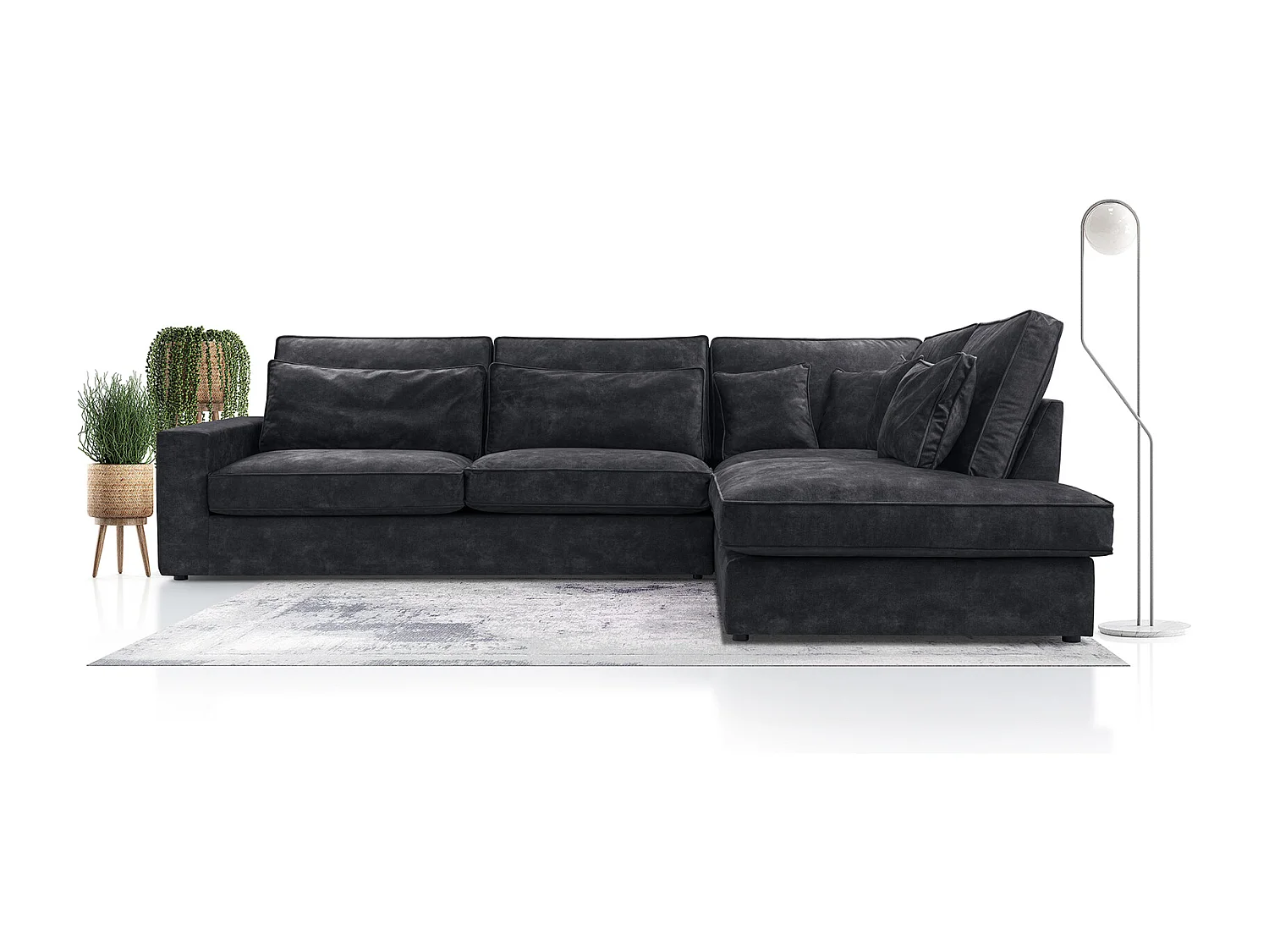 Modernes Ecksofa mit Kissen, Beste Ecke! Wohnbereich mit Bettkasten, Wave Spring Rücken, Freistehend, 89x314x224cm, Rechte Seite, Schwarz