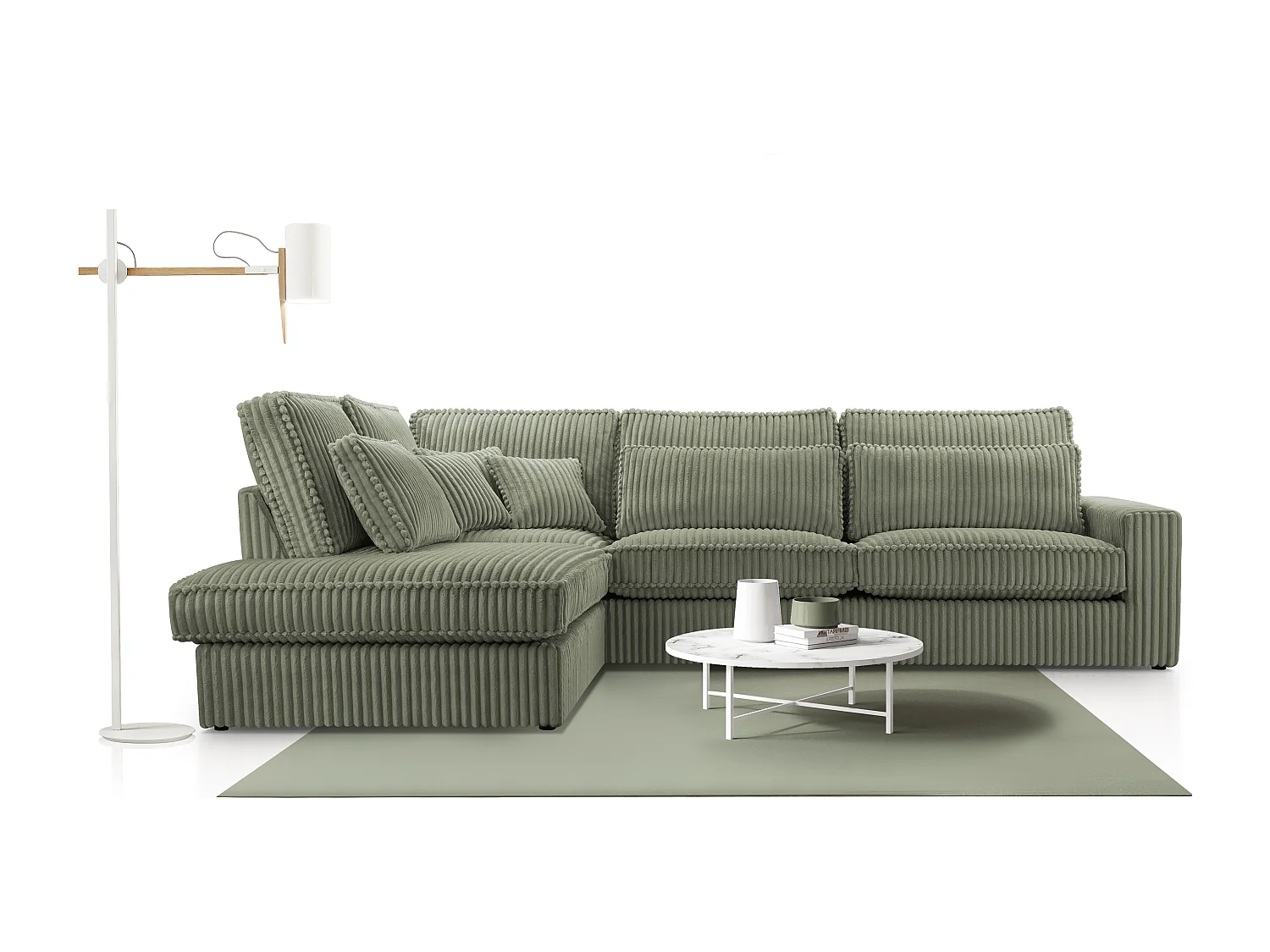 Hochwertiges Ecksofa - Modernes Sofa mit Kissen, gepolsterte Rückenlehne, bequem und stilvoll, Design Links 89x314x224 cm, Grün