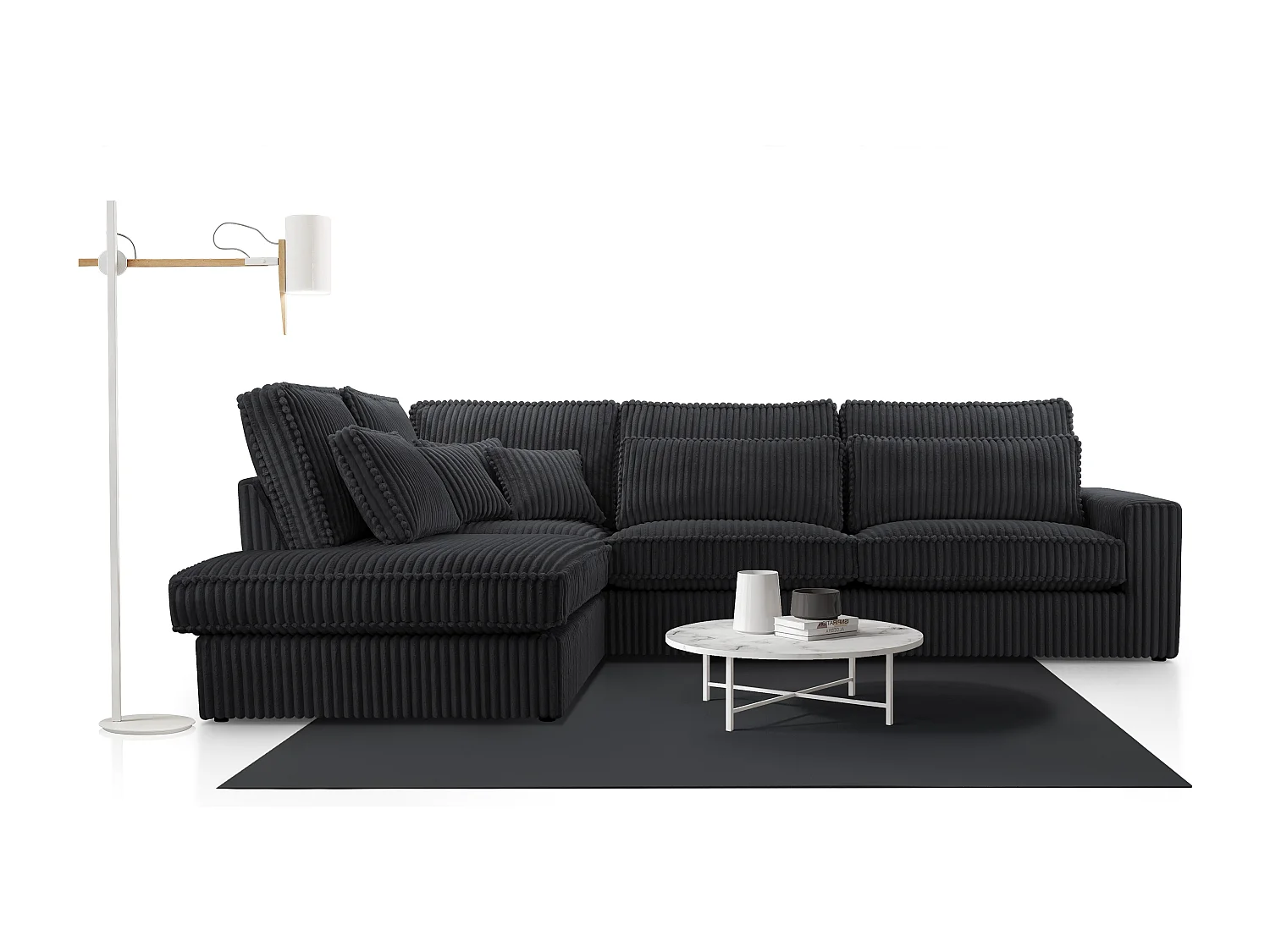 Wysokiej jakości narożnik - nowoczesna sofa z poduszkami, tapicerowanym oparciem, wygodna i stylowa, wzór lewy 89x314x224 cm, czarny