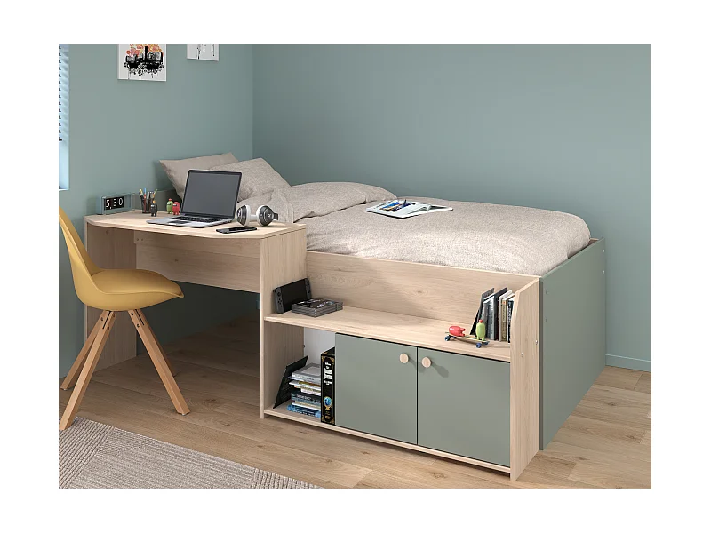 Łóżko piętrowe 90 x 190/200 cm - Naturalny i zielony + Stelaż - MIVONA