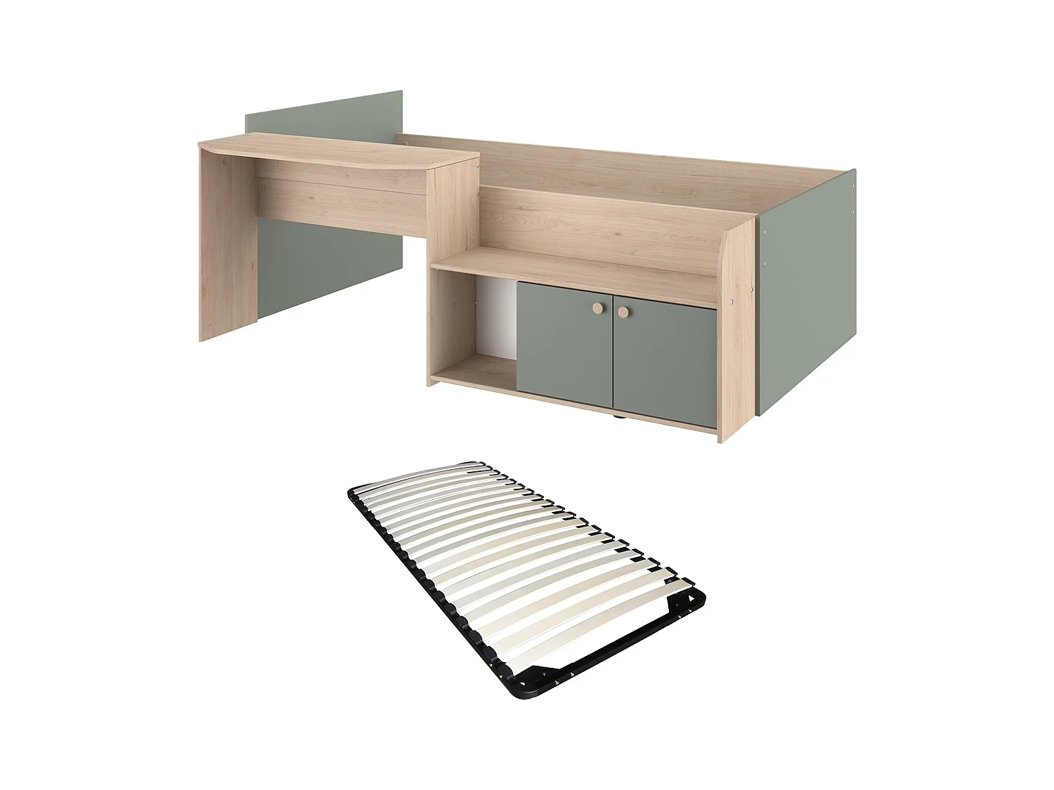 Letto combinato 90 x 190/200 cm Naturale e Verde + Rete - MIVONA