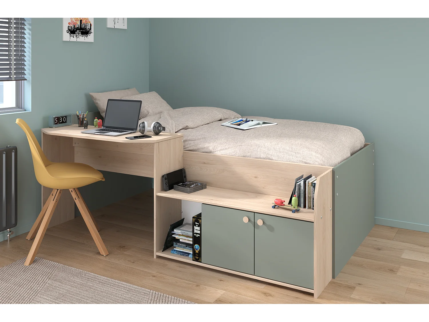 Lit combiné 90 x 190/200 cm - Coloris : Naturel et vert + Sommier - MIVONA