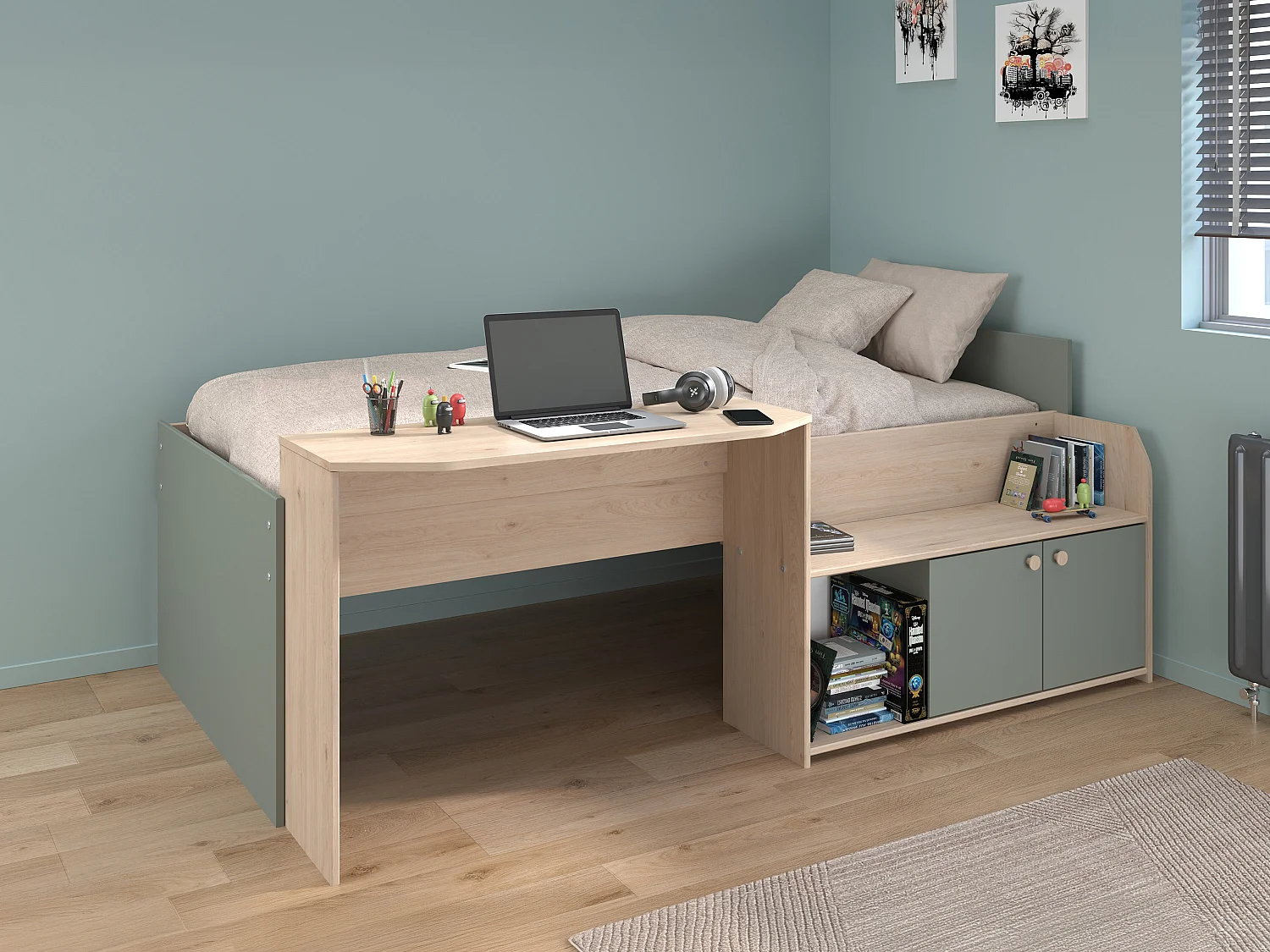 Letto combinato 90 x 190/200 cm Naturale e Verde + Rete - MIVONA