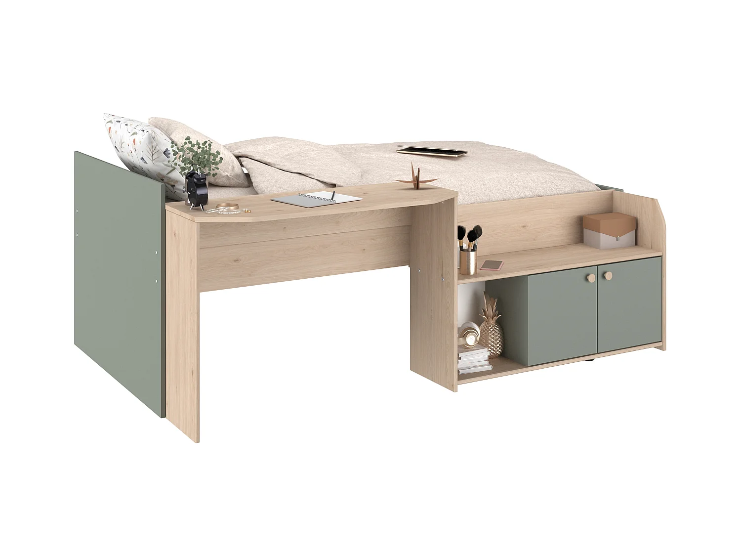 Letto combinato 90 x 190/200 cm Naturale e Verde + Rete - MIVONA