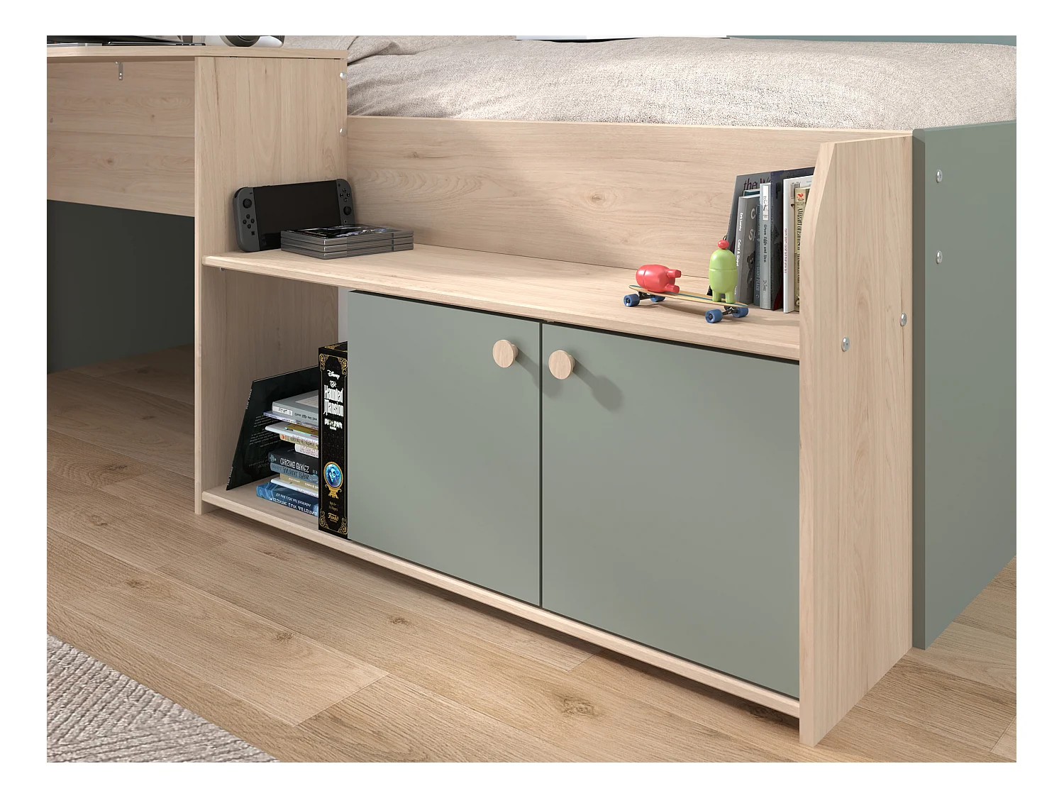 Letto combinato 90 x 190/200 cm Naturale e Verde + Rete - MIVONA