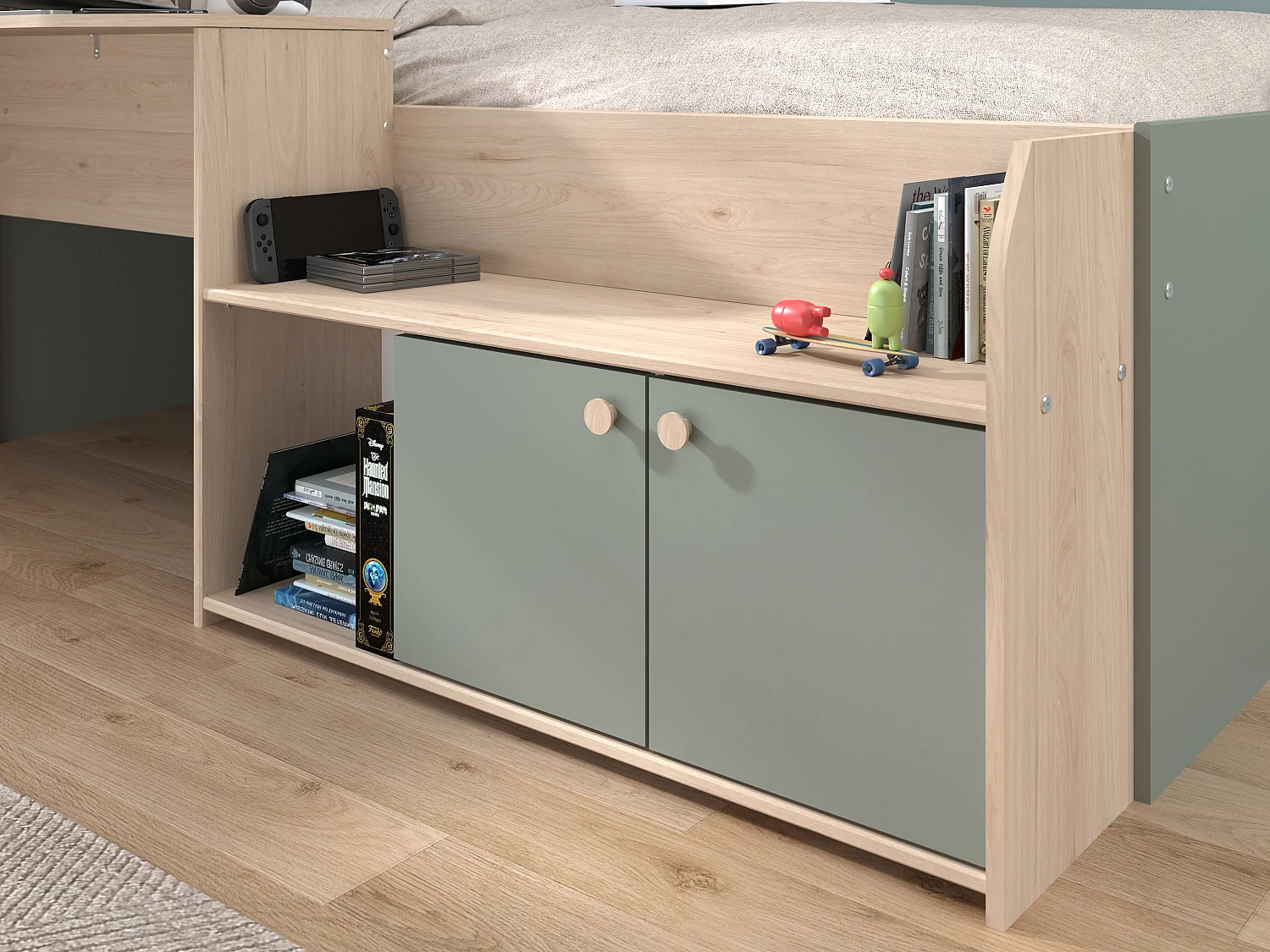 Kombibett + Lattenrost - 90 x 190/200 cm - Holzfarben & Grün - MIVONA