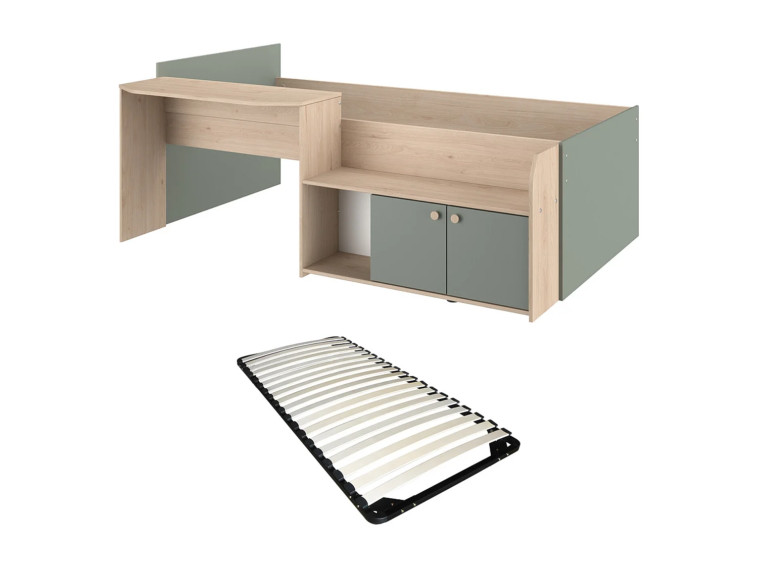 Kombibett + Lattenrost - 90 x 190/200 cm - Holzfarben & Grün - MIVONA