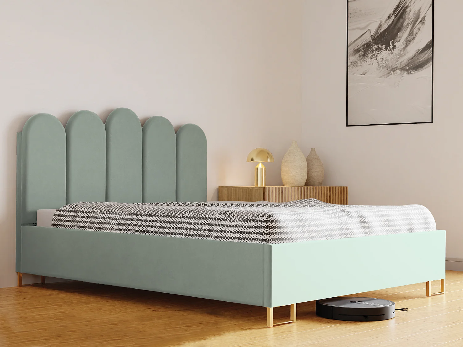 Cama estofada MALIBU, cabeceira acolchoada, tecido VELUTTO premium, baú com pistão a gás, altura confortável 39 cm, 120x200 cm, Verde claro