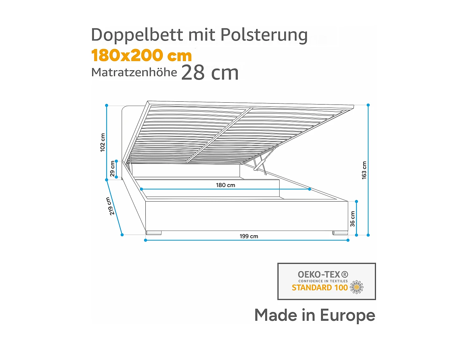Polsterbett MALAGA mit gepolstertem Kopfteil, ELEMENT-Stoff, Bettkasten mit Gasdruckfeder, Betthöhe 39 cm, 180×200 cm, Seledyn