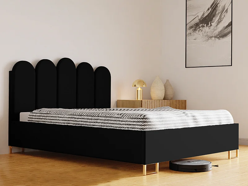 Polsterbett MALAGA mit gepolstertem Kopfteil, VELUTTO-Stoff, Bettkasten mit Gasdruckfeder, Betthöhe 39 cm, 160×200 cm, Schwarz