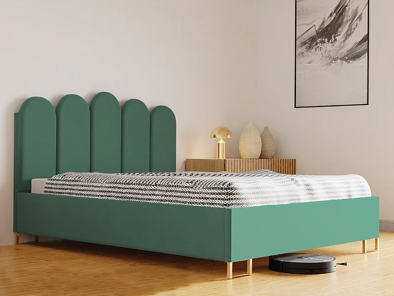 Polsterbett MALAGA mit gepolstertem Kopfteil, ELEMENT-Stoff, Bettkasten mit Gasdruckfeder, Betthöhe 39 cm, 120×200 cm, Seledyn