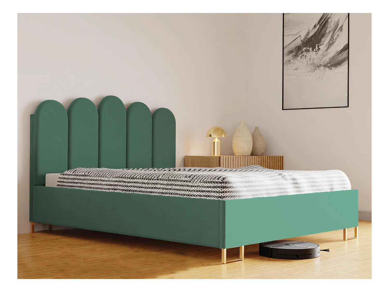 Polsterbett MALAGA mit gepolstertem Kopfteil, ELEMENT-Stoff, Bettkasten mit Gasdruckfeder, Betthöhe 39 cm, 120×200 cm, Seledyn