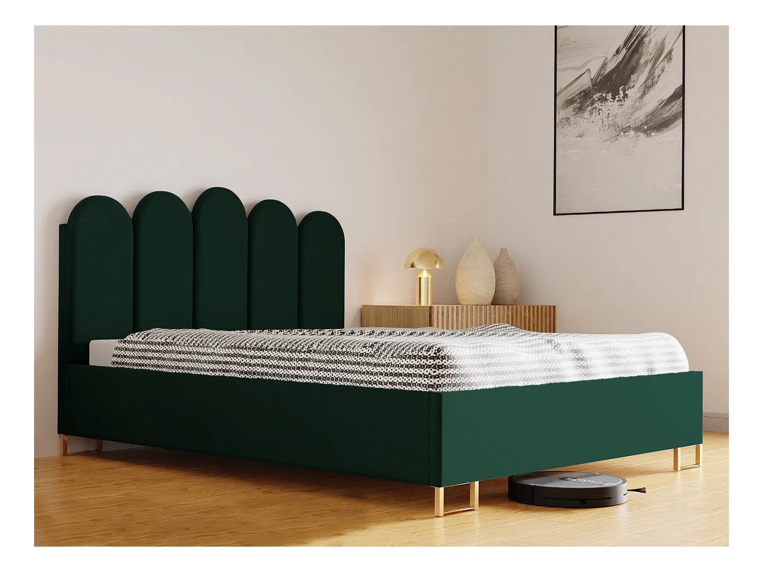 Polsterbett MALAGA mit gepolstertem Kopfteil, ELEMENT-Stoff, Bettkasten mit Gasdruckfeder, Betthöhe 39 cm, 120×200 cm, Grün
