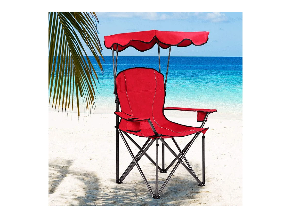 Campingstoel met rugventilatie en zonnedak, visstoel met bekerhouder,klapstoel,vouwstoel 120 kg belastbaar, visstoel,strand, camping (rood)AB5862