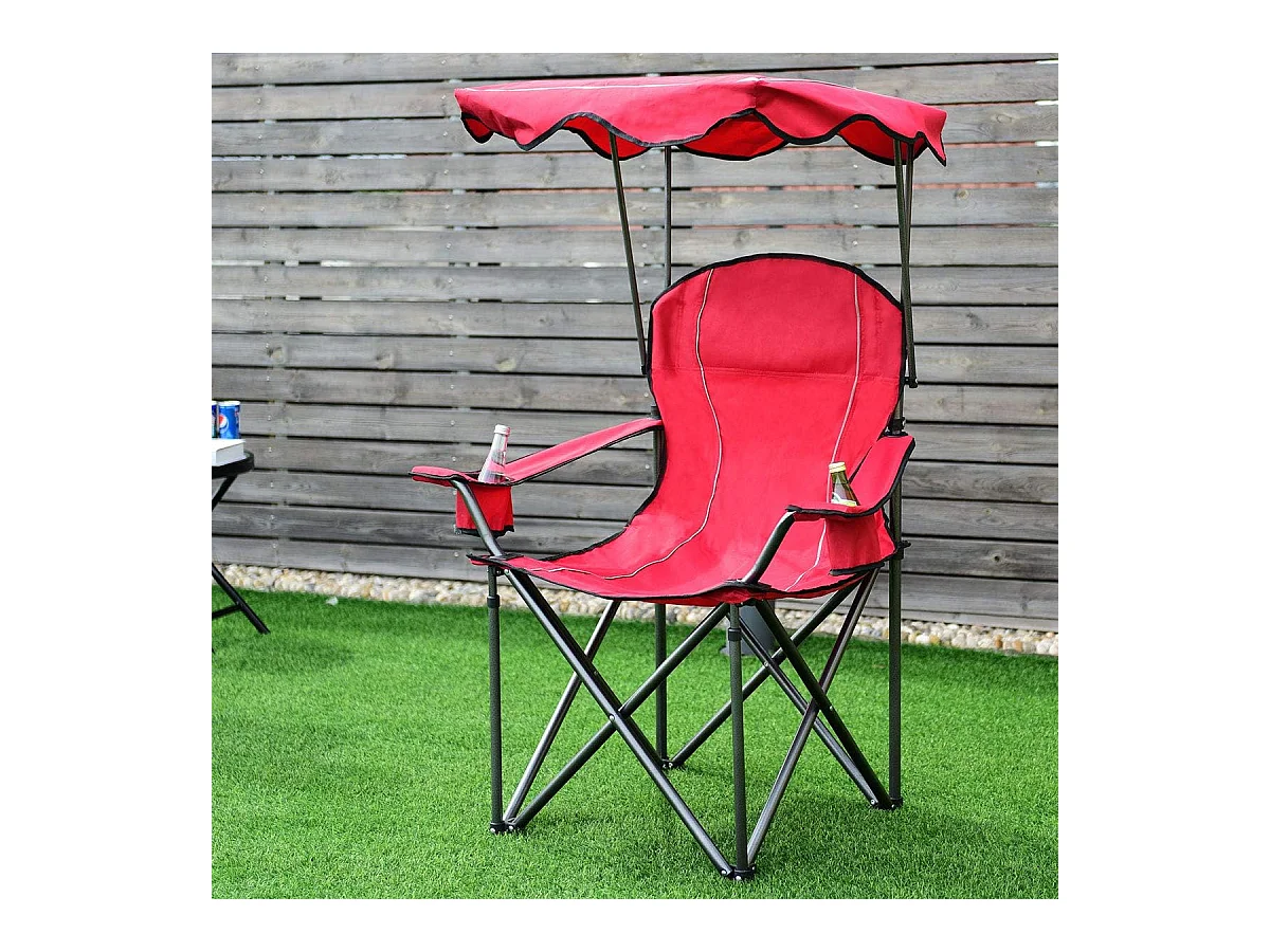 Campingstoel met rugventilatie en zonnedak, visstoel met bekerhouder,klapstoel,vouwstoel 120 kg belastbaar, visstoel,strand, camping (rood)AB5862