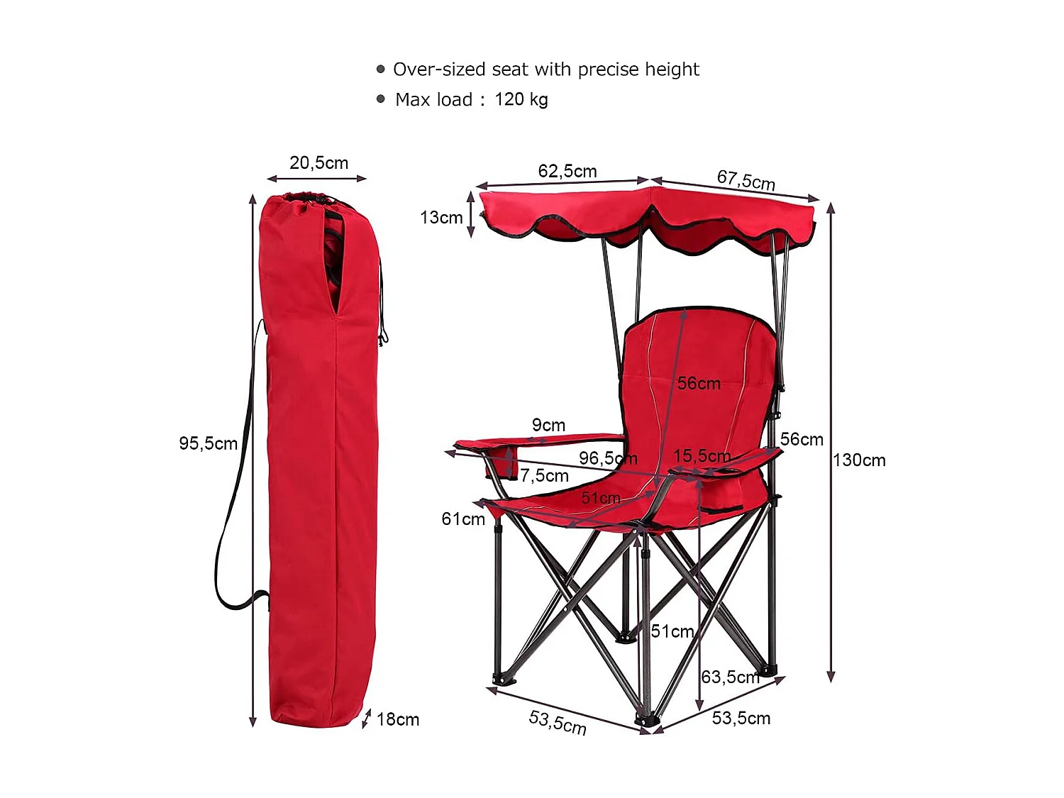 Campingstoel met rugventilatie en zonnedak, visstoel met bekerhouder,klapstoel,vouwstoel 120 kg belastbaar, visstoel,strand, camping (rood)AB5862