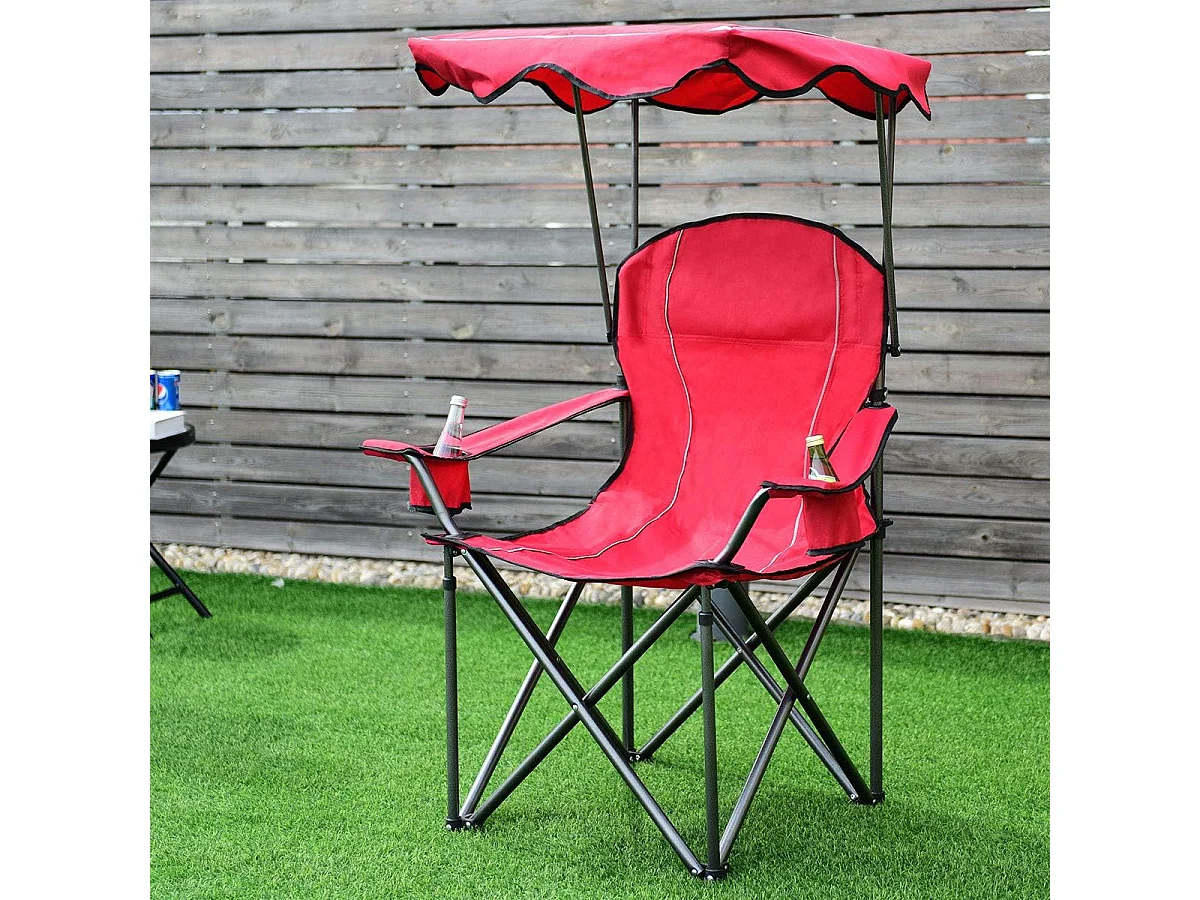 Campingstoel met rugventilatie en zonnedak, visstoel met bekerhouder,klapstoel,vouwstoel 120 kg belastbaar, visstoel,strand, camping (rood)AB5862