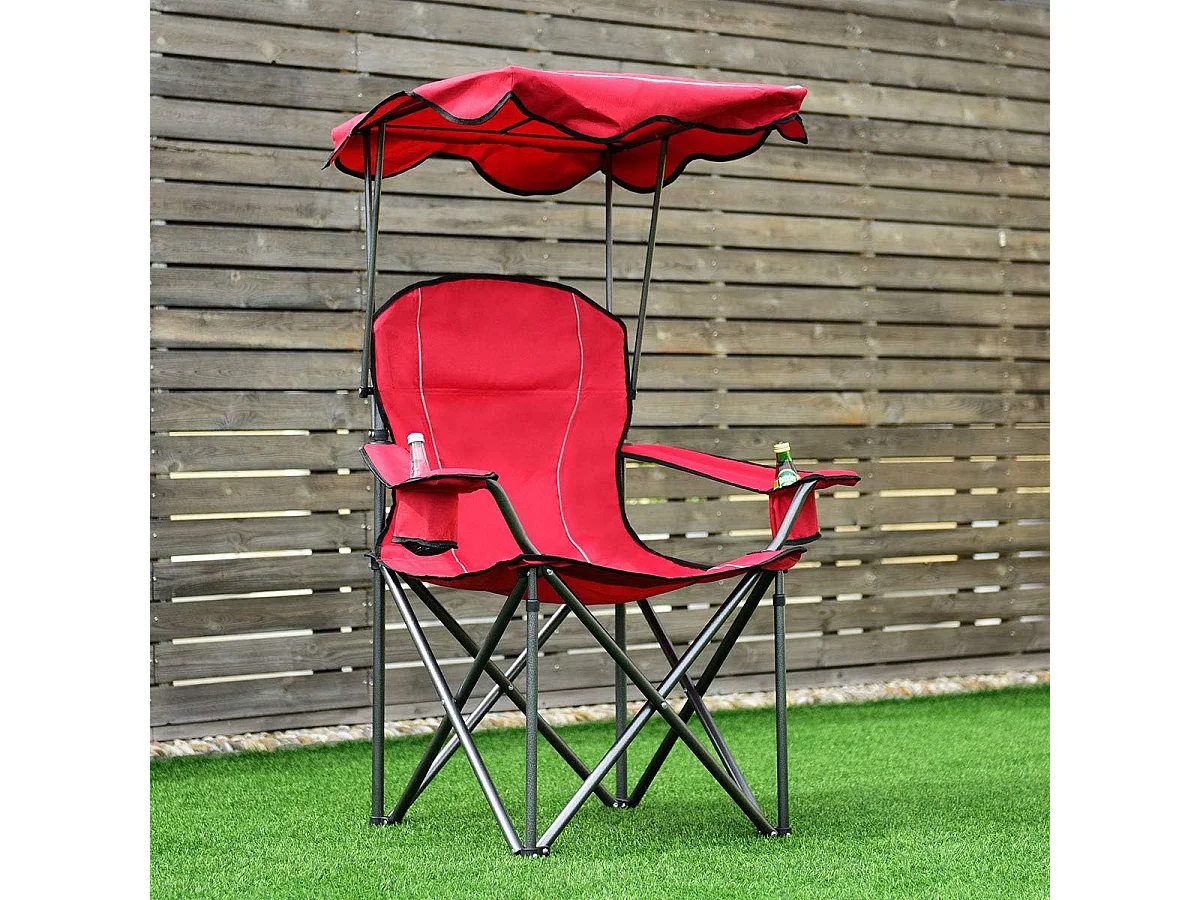 Campingstoel met rugventilatie en zonnedak, visstoel met bekerhouder,klapstoel,vouwstoel 120 kg belastbaar, visstoel,strand, camping (rood)AB5862