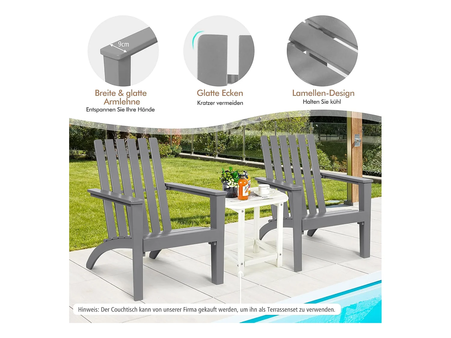 Adirondack Adirondack Chair van acaciahout, tuinstoel, belastbaar tot 160 kg, voor tuin, terras (grijs)AB92824