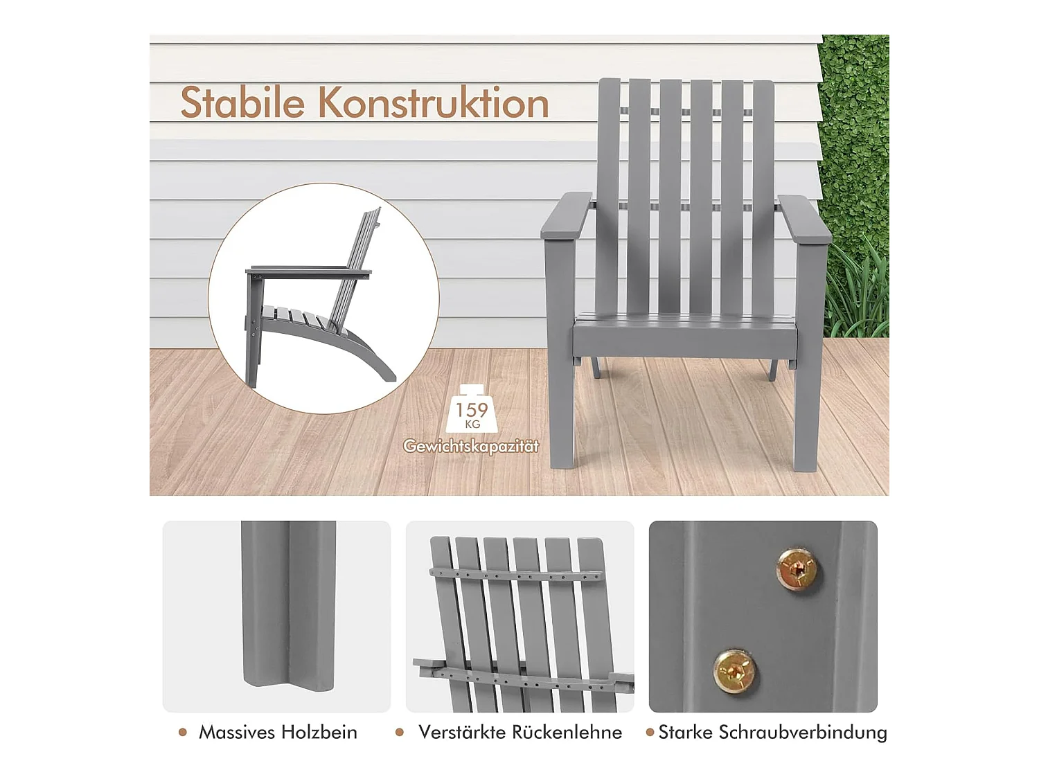 Adirondack Adirondack Chair van acaciahout, tuinstoel, belastbaar tot 160 kg, voor tuin, terras (grijs)AB92824