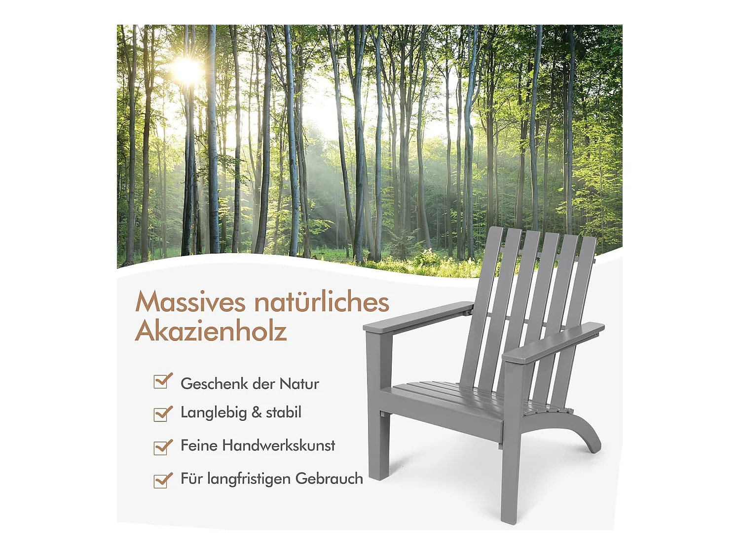 Adirondack Adirondack Chair van acaciahout, tuinstoel, belastbaar tot 160 kg, voor tuin, terras (grijs)AB92824