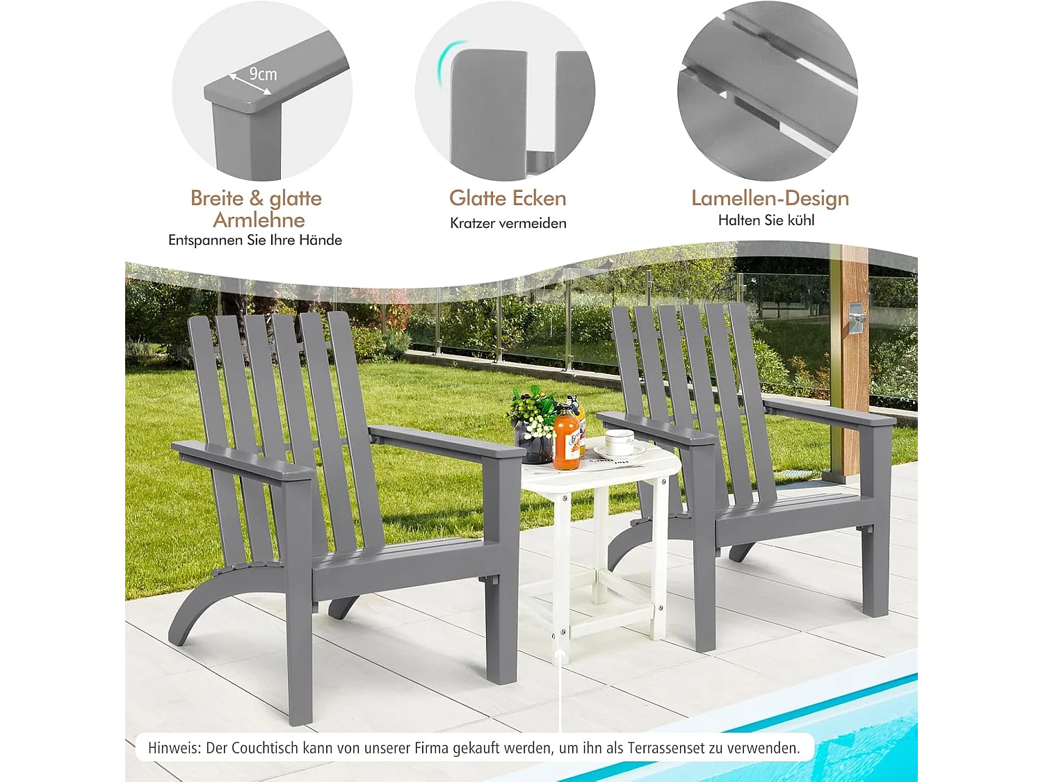 Adirondack Adirondack Chair van acaciahout, tuinstoel, belastbaar tot 160 kg, voor tuin, terras (grijs)AB92824