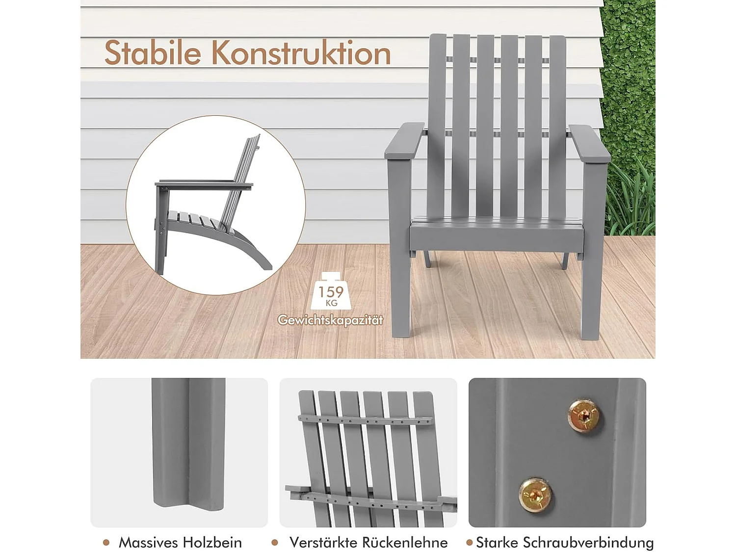 Adirondack Adirondack Chair van acaciahout, tuinstoel, belastbaar tot 160 kg, voor tuin, terras (grijs)AB92824