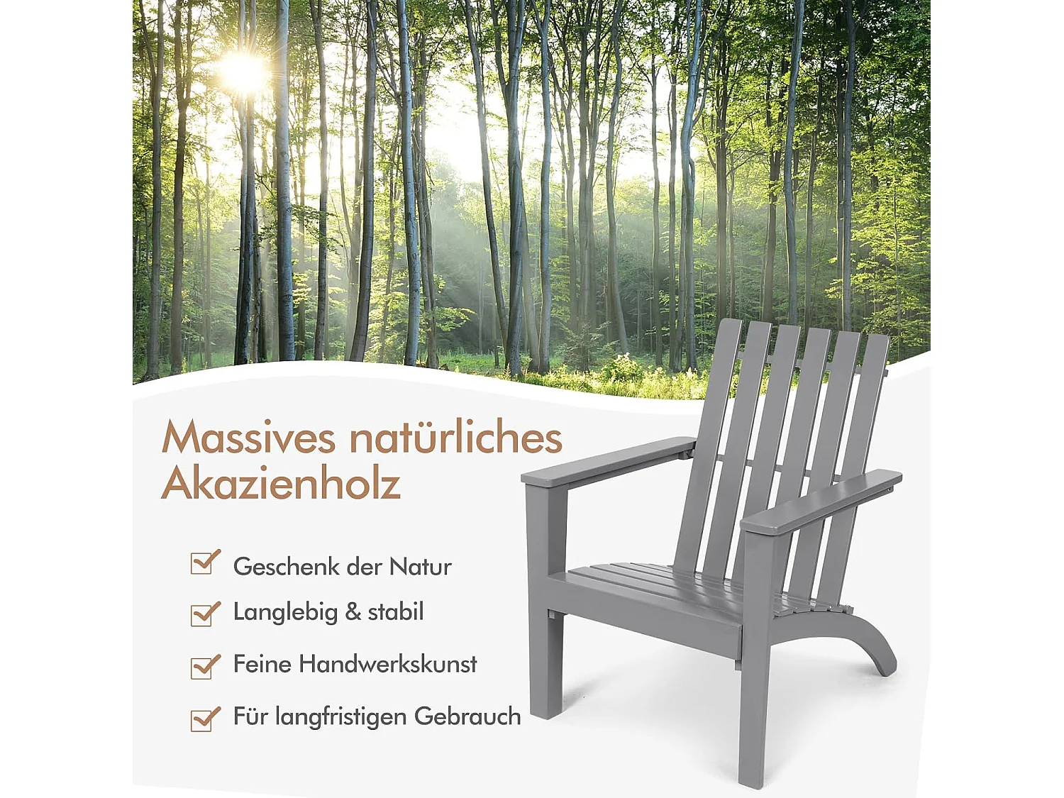 Adirondack Adirondack Chair van acaciahout, tuinstoel, belastbaar tot 160 kg, voor tuin, terras (grijs)AB92824