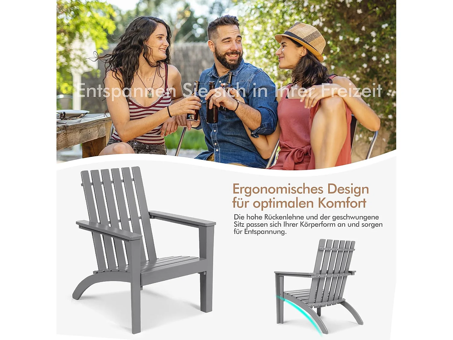 Adirondack Adirondack Chair van acaciahout, tuinstoel, belastbaar tot 160 kg, voor tuin, terras (grijs)AB92824