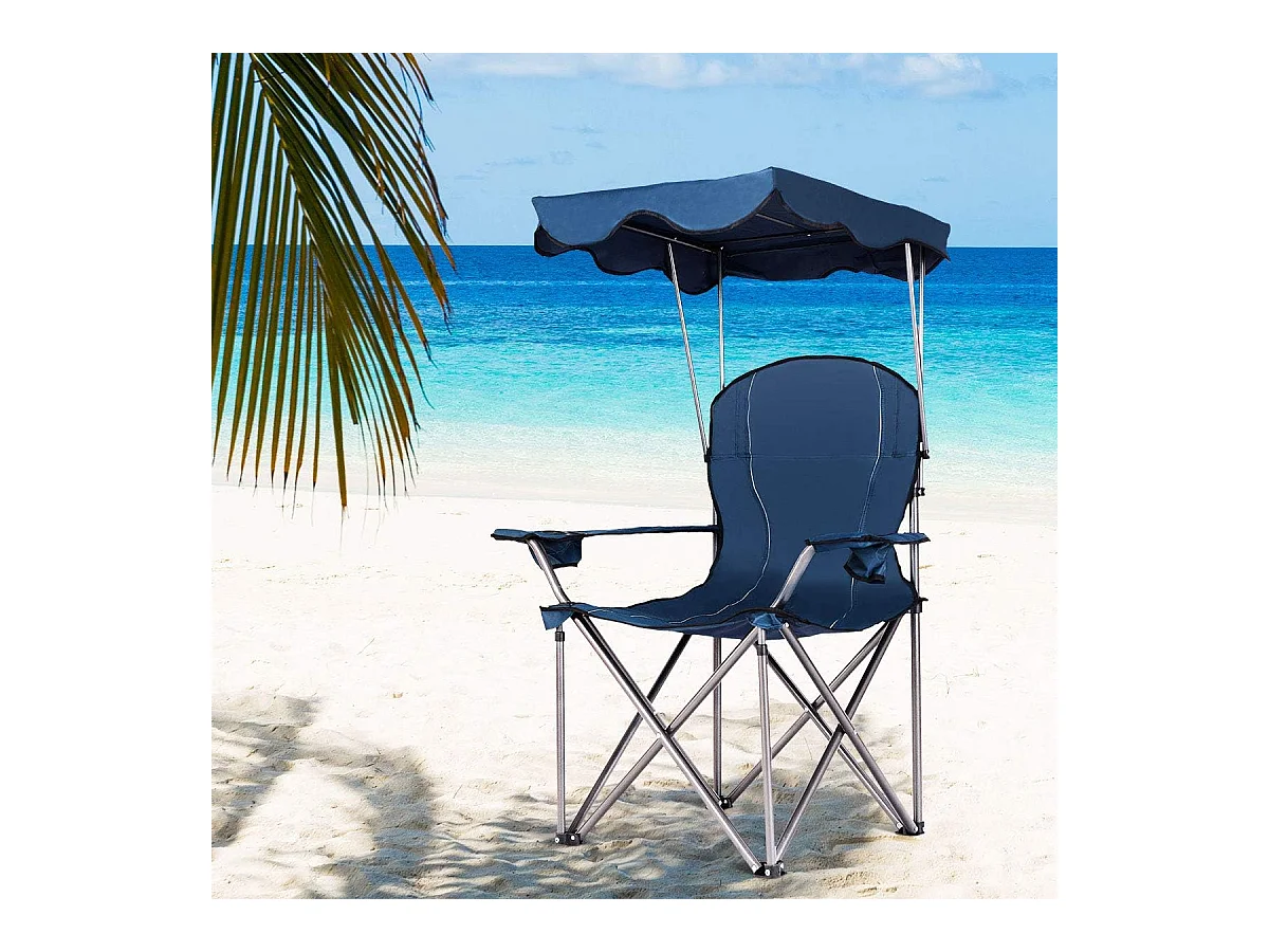 Campingstoel met luifel, strand klapstoel met bekerhouder, gepolsterde armleuning,lichte draagbare strandstoel,strand, kamp (Blauw)AB5862
