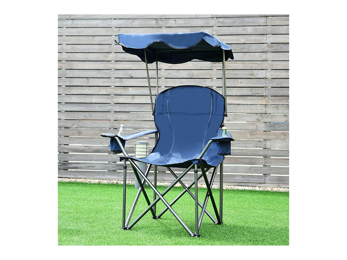 Campingstoel met luifel, strand klapstoel met bekerhouder, gepolsterde armleuning,lichte draagbare strandstoel,strand, kamp (Blauw)AB5862