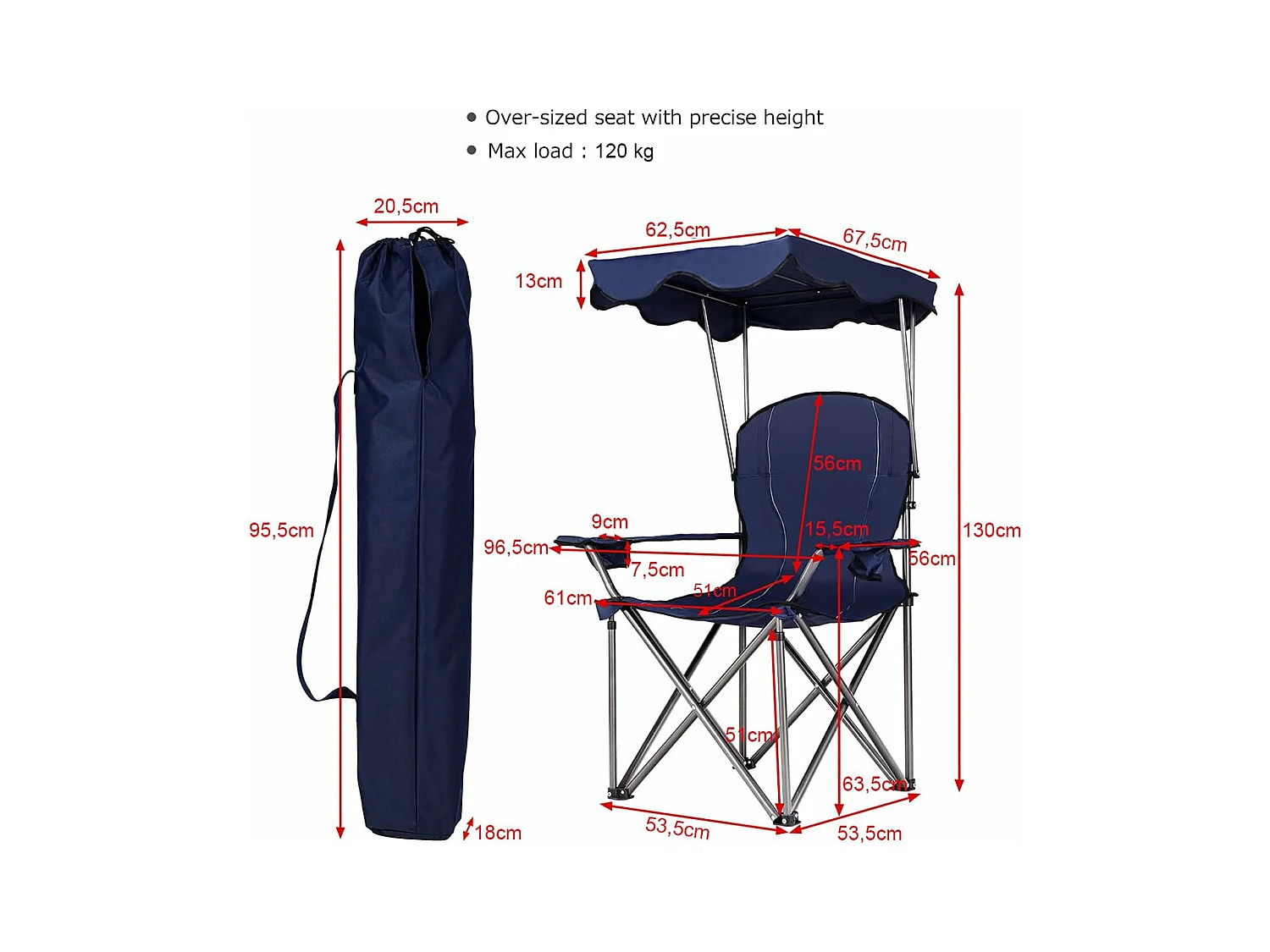 Campingstoel met luifel, strand klapstoel met bekerhouder, gepolsterde armleuning,lichte draagbare strandstoel,strand, kamp (Blauw)AB5862