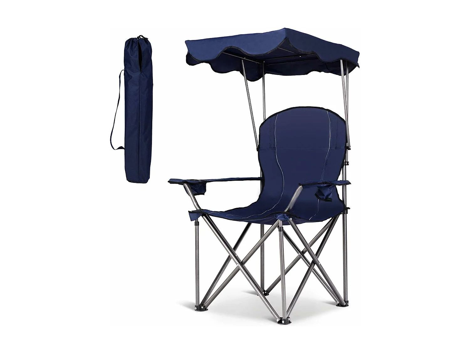 Campingstoel met luifel, strand klapstoel met bekerhouder, gepolsterde armleuning,lichte draagbare strandstoel,strand, kamp (Blauw)AB5862