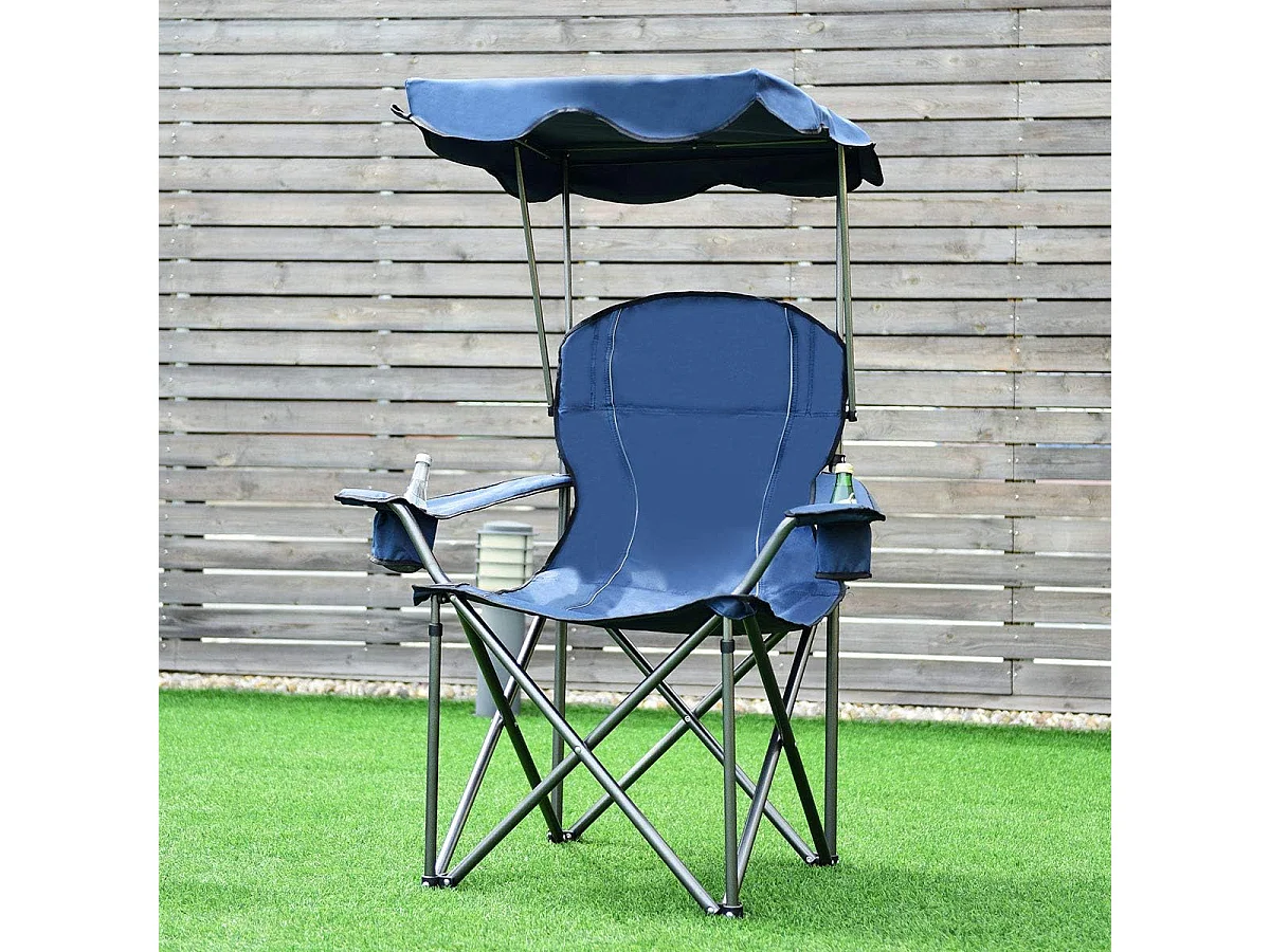 Campingstoel met luifel, strand klapstoel met bekerhouder, gepolsterde armleuning,lichte draagbare strandstoel,strand, kamp (Blauw)AB5862