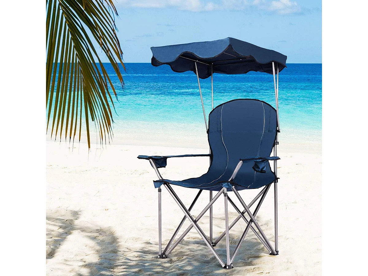Campingstoel met luifel, strand klapstoel met bekerhouder, gepolsterde armleuning,lichte draagbare strandstoel,strand, kamp (Blauw)AB5862