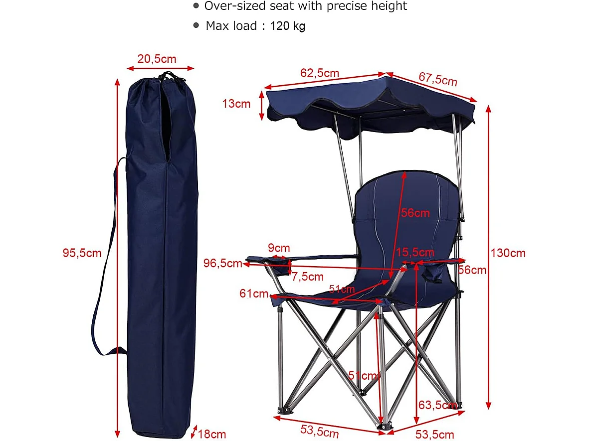 Campingstoel met luifel, strand klapstoel met bekerhouder, gepolsterde armleuning,lichte draagbare strandstoel,strand, kamp (Blauw)AB5862