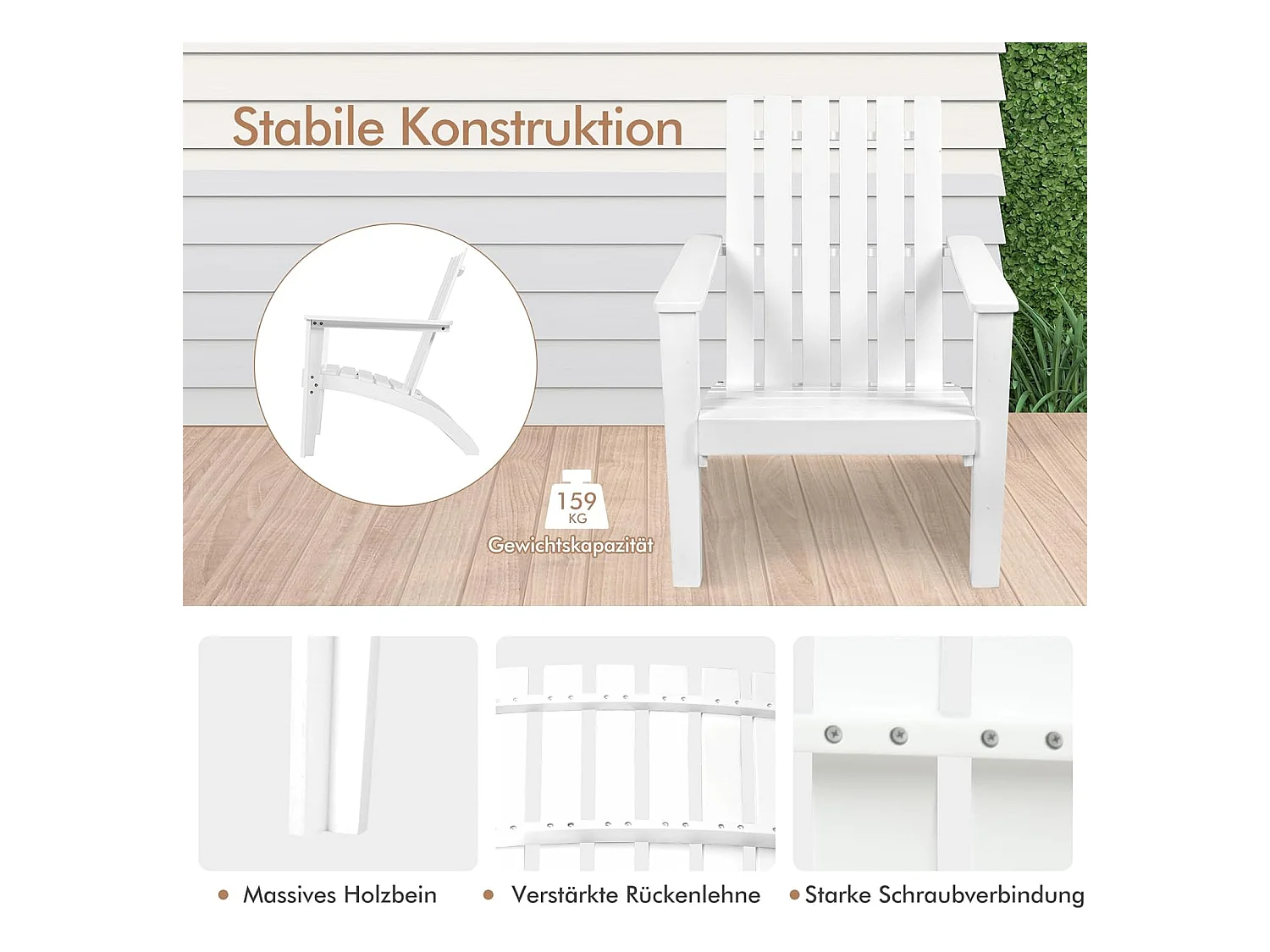 Adirondack Adirondack Chair van acaciahout, tuinstoel, belastbaar tot 160 kg, voor tuin, terras (wit)AB92824