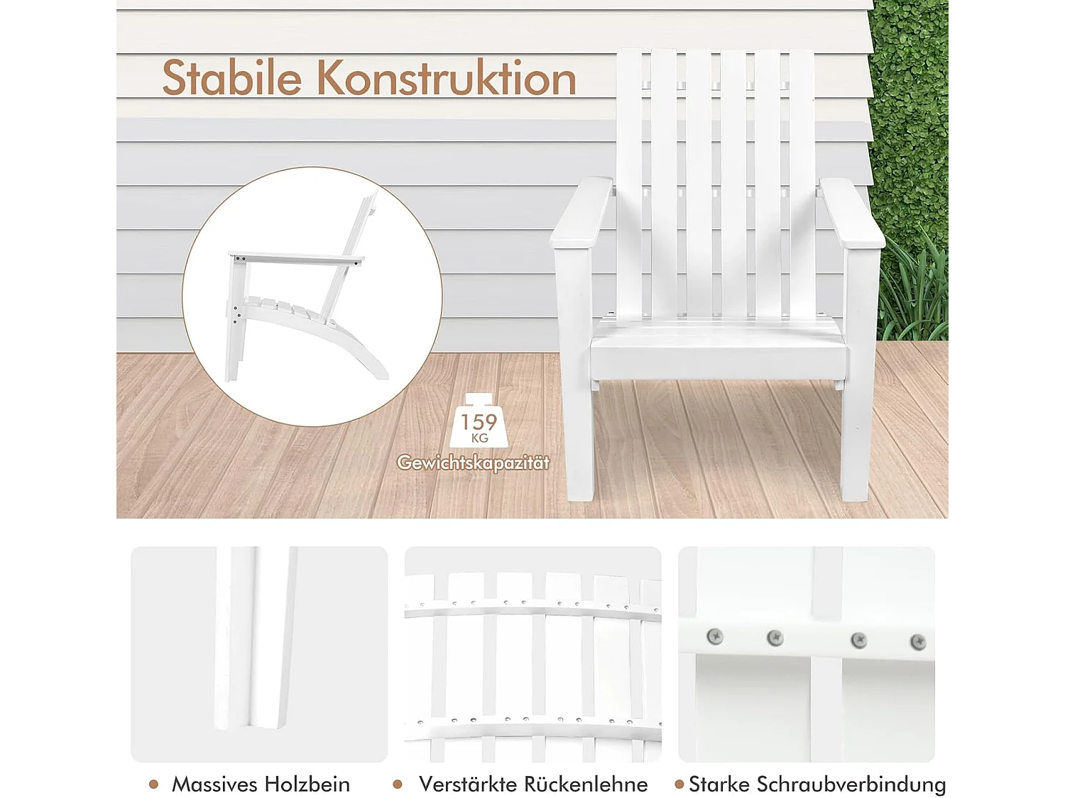 Adirondack Adirondack Chair van acaciahout, tuinstoel, belastbaar tot 160 kg, voor tuin, terras (wit)AB92824