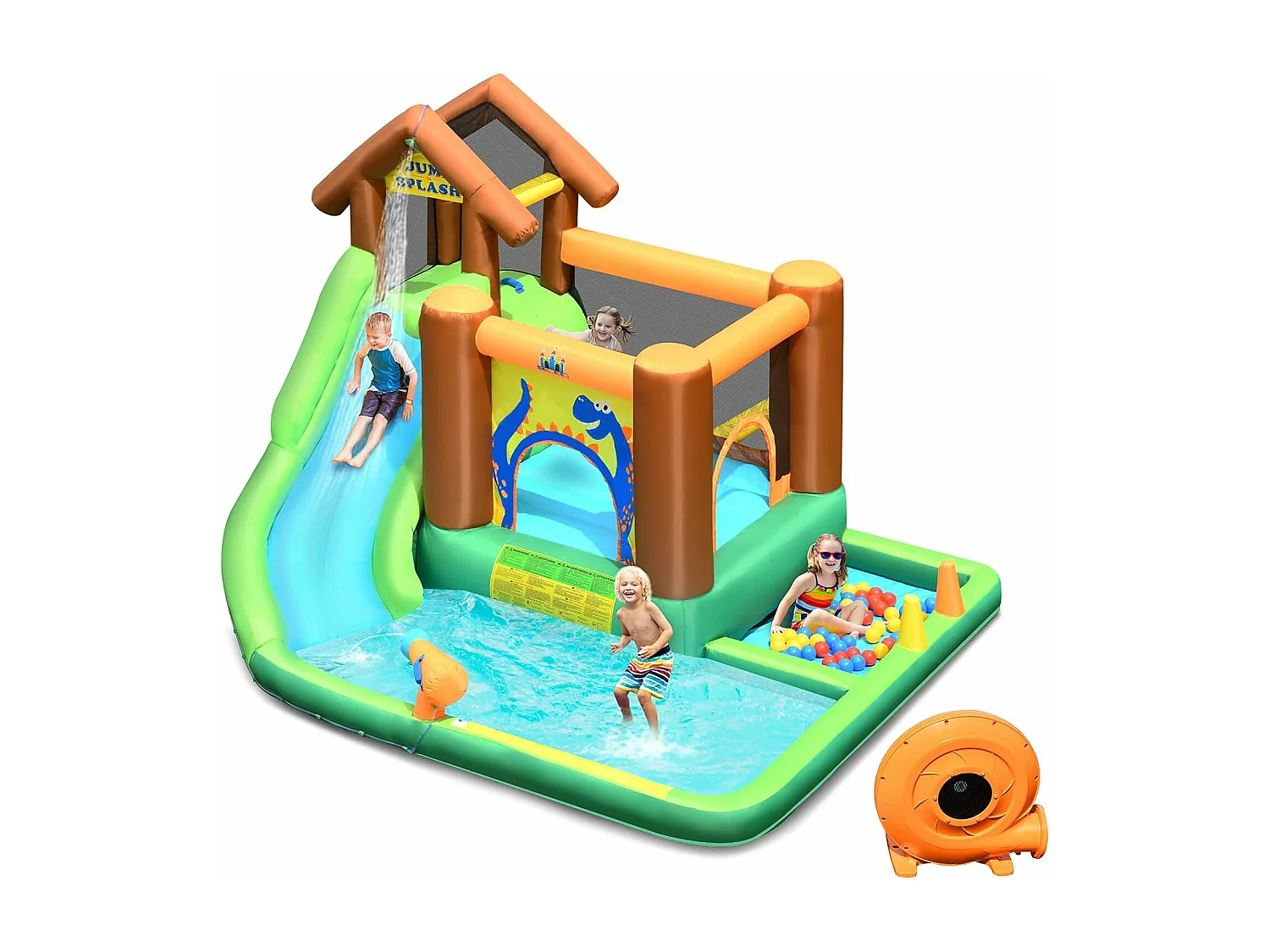 Springkasteel met ventilator, waterglijbaan, waterspeelcentrum met glijbaan, waterpark, kinderbadje, 368 x 303 x 230 cm AB92918