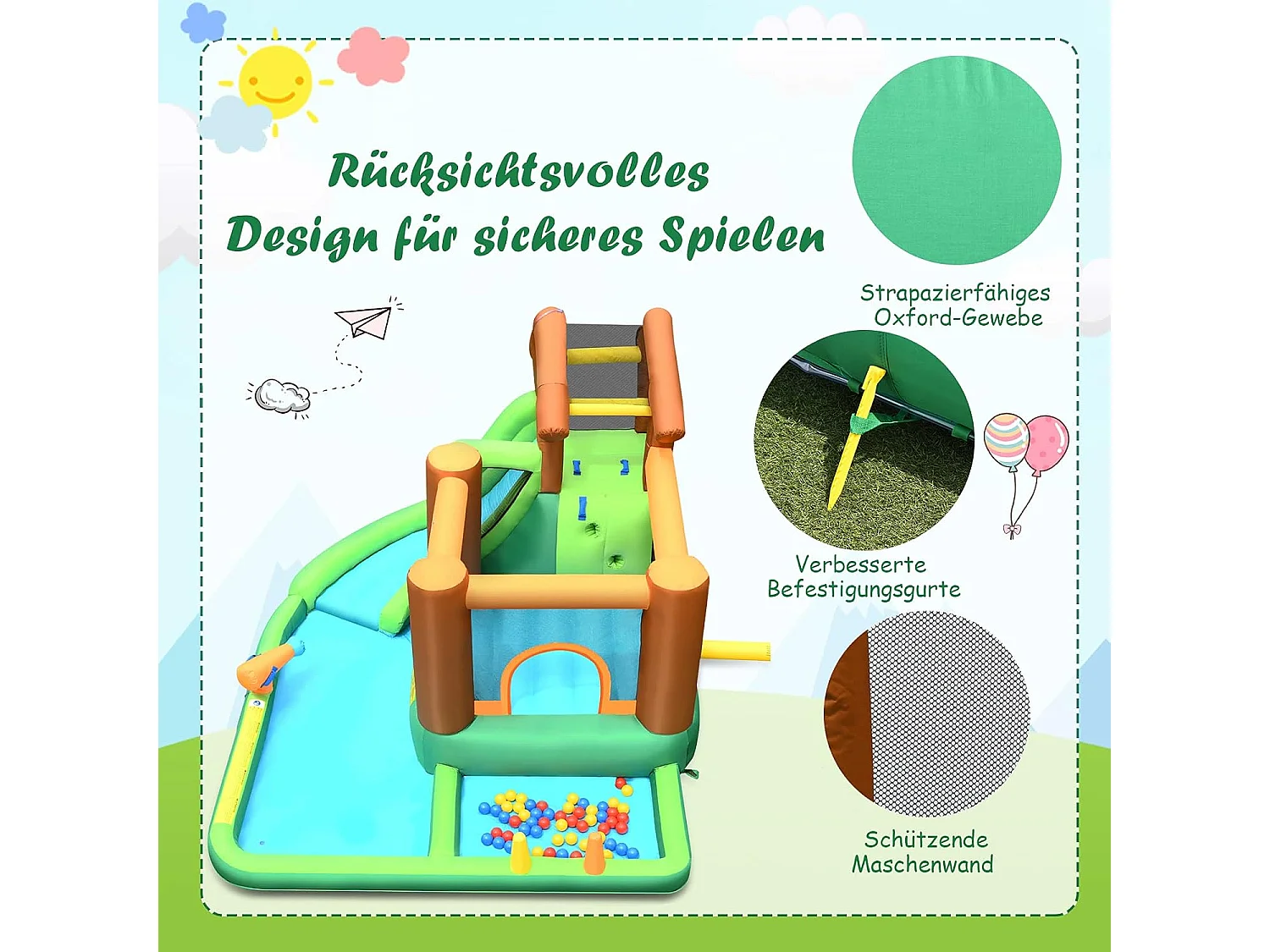 Springkasteel met ventilator, waterglijbaan, waterspeelcentrum met glijbaan, waterpark, kinderbadje, 368 x 303 x 230 cm AB92918