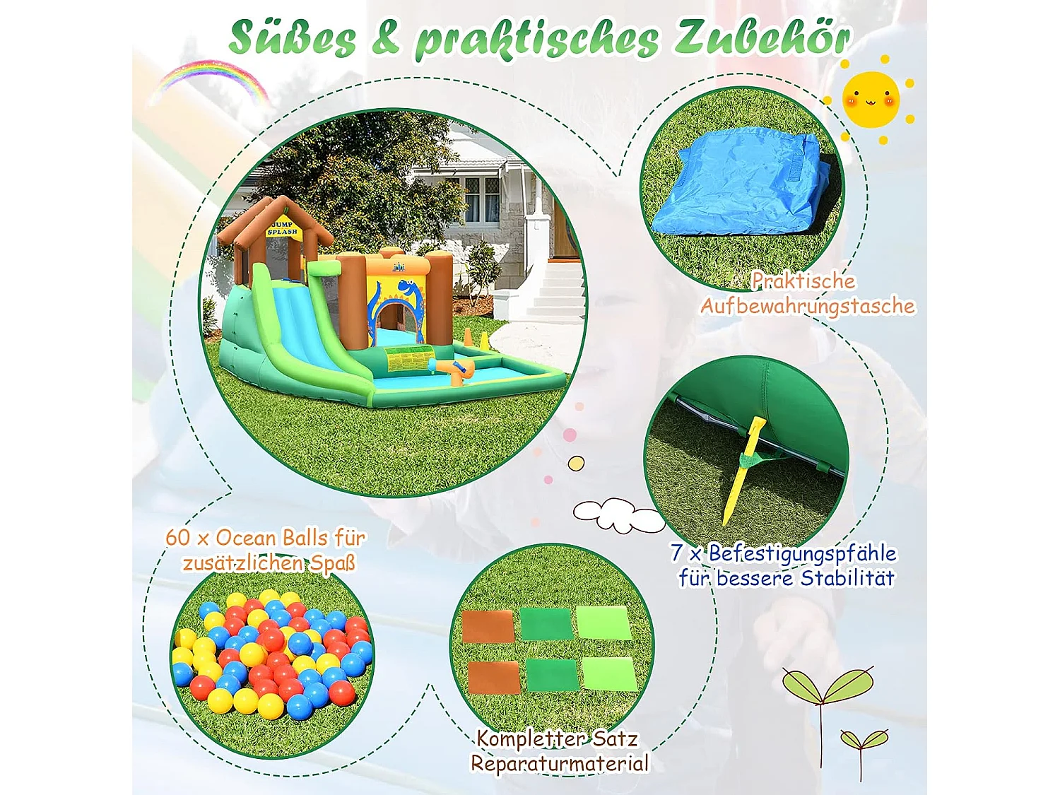 Springkasteel met ventilator, waterglijbaan, waterspeelcentrum met glijbaan, waterpark, kinderbadje, 368 x 303 x 230 cm AB92918